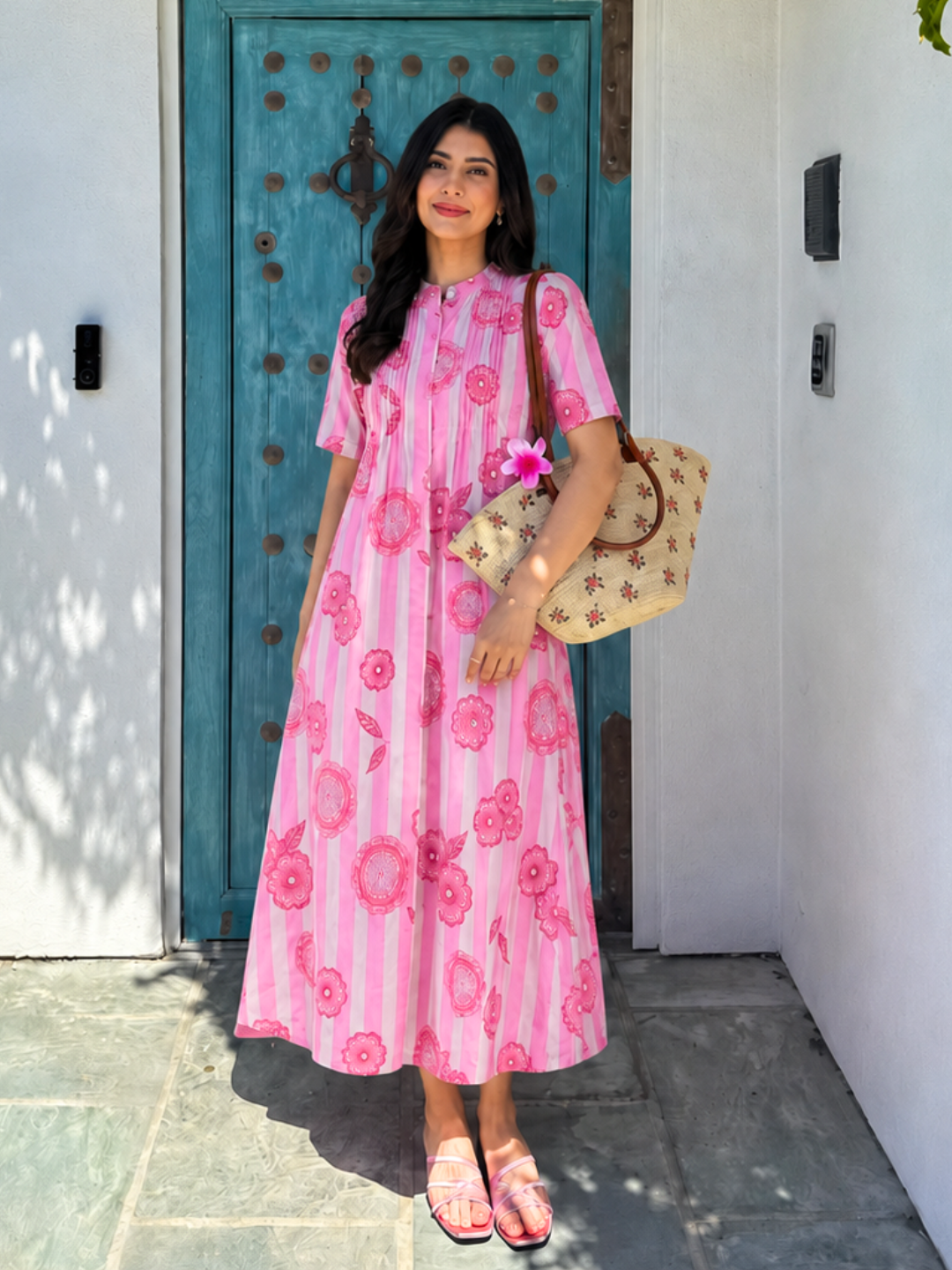 Pure Cotton Front Pleated A-Line Dress (with Lining)