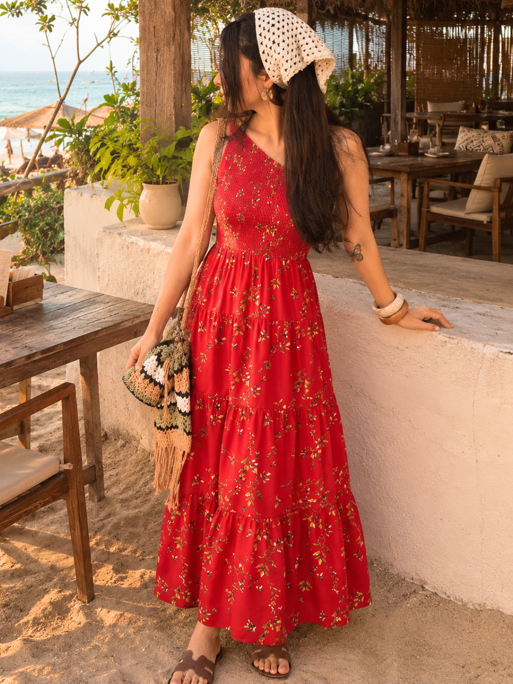 One Shoulder Smocked Maxi Dress