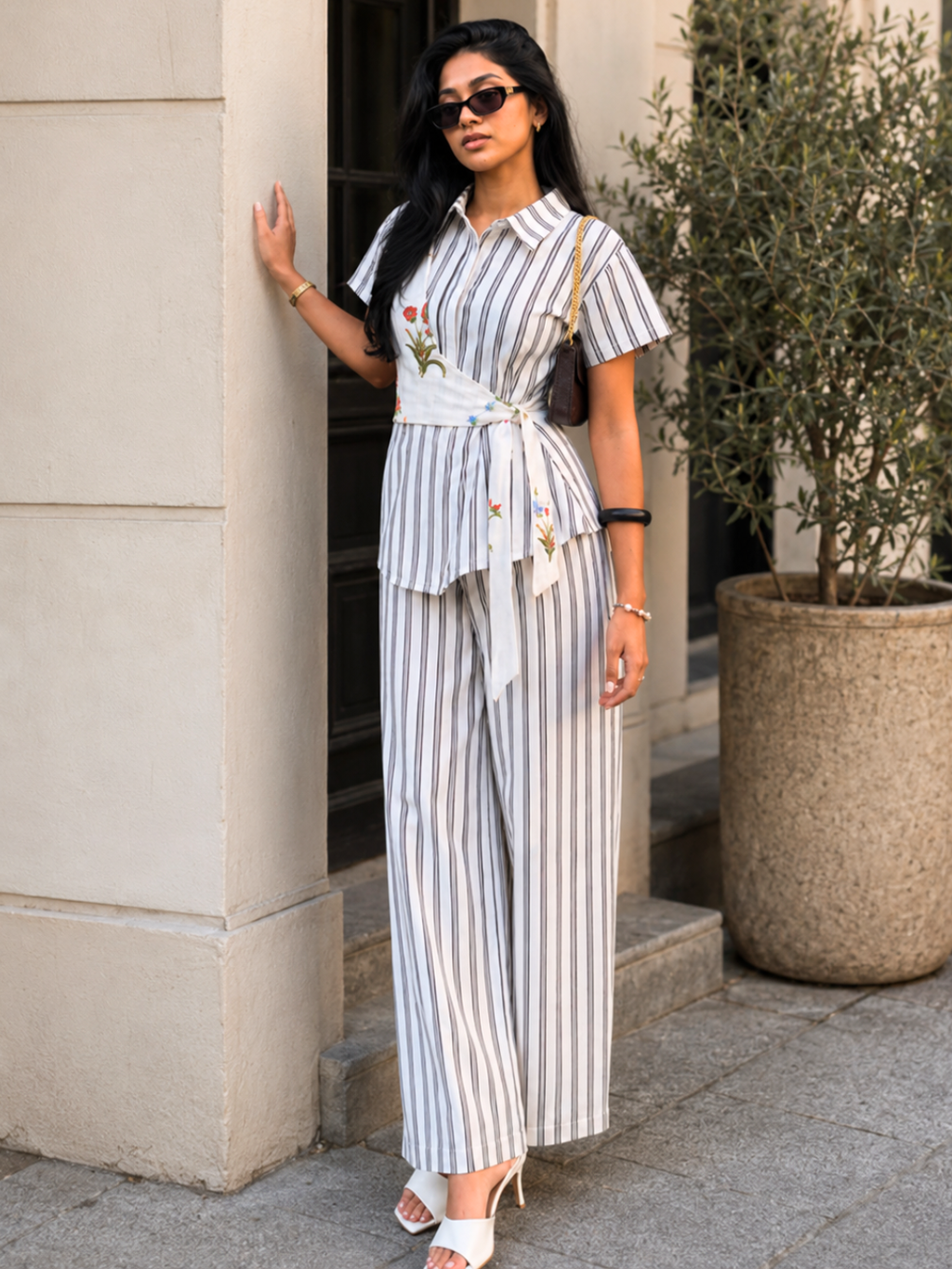 Pure Linen Tie-Up Wrap Shirt With Pants