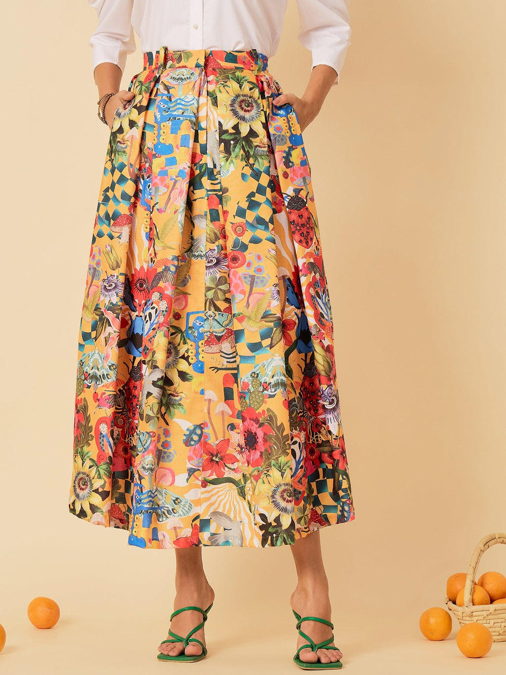 Box Pleated Linen Midi Skirt