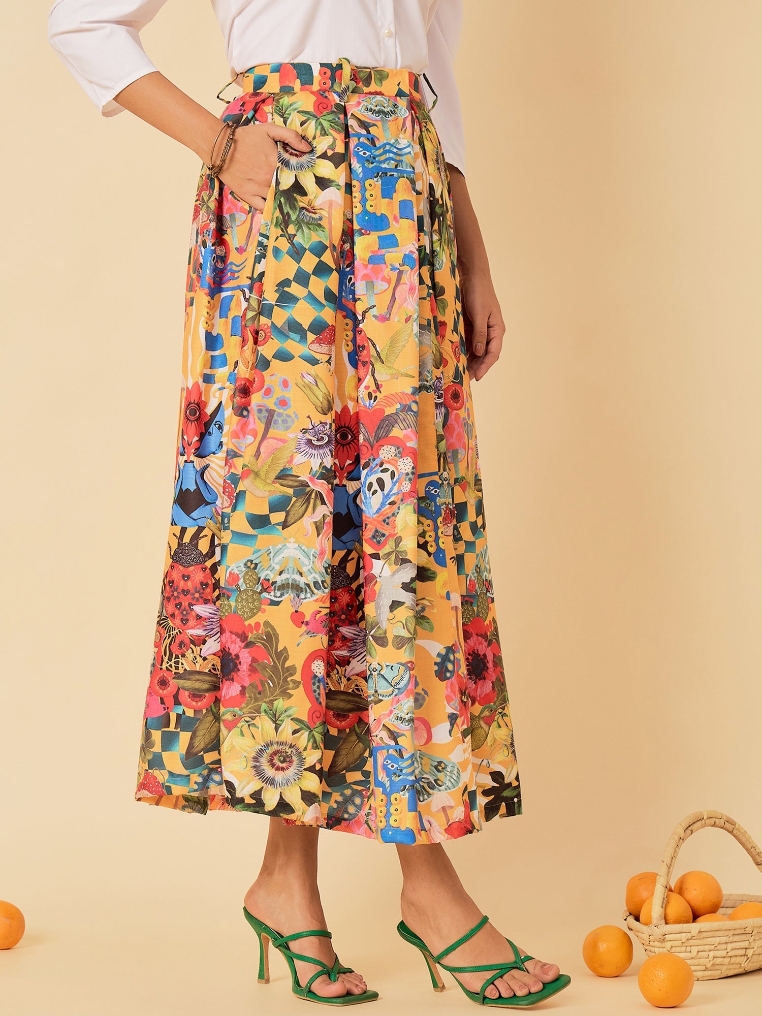 Box Pleated Linen Midi Skirt