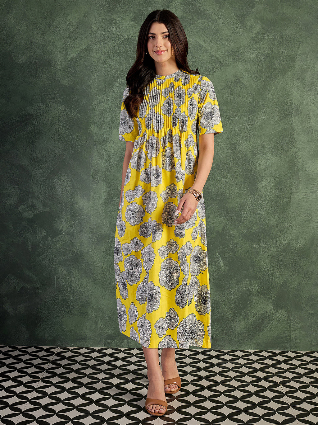 Pure Cotton Front Pleated A-Line Dress (with Lining)