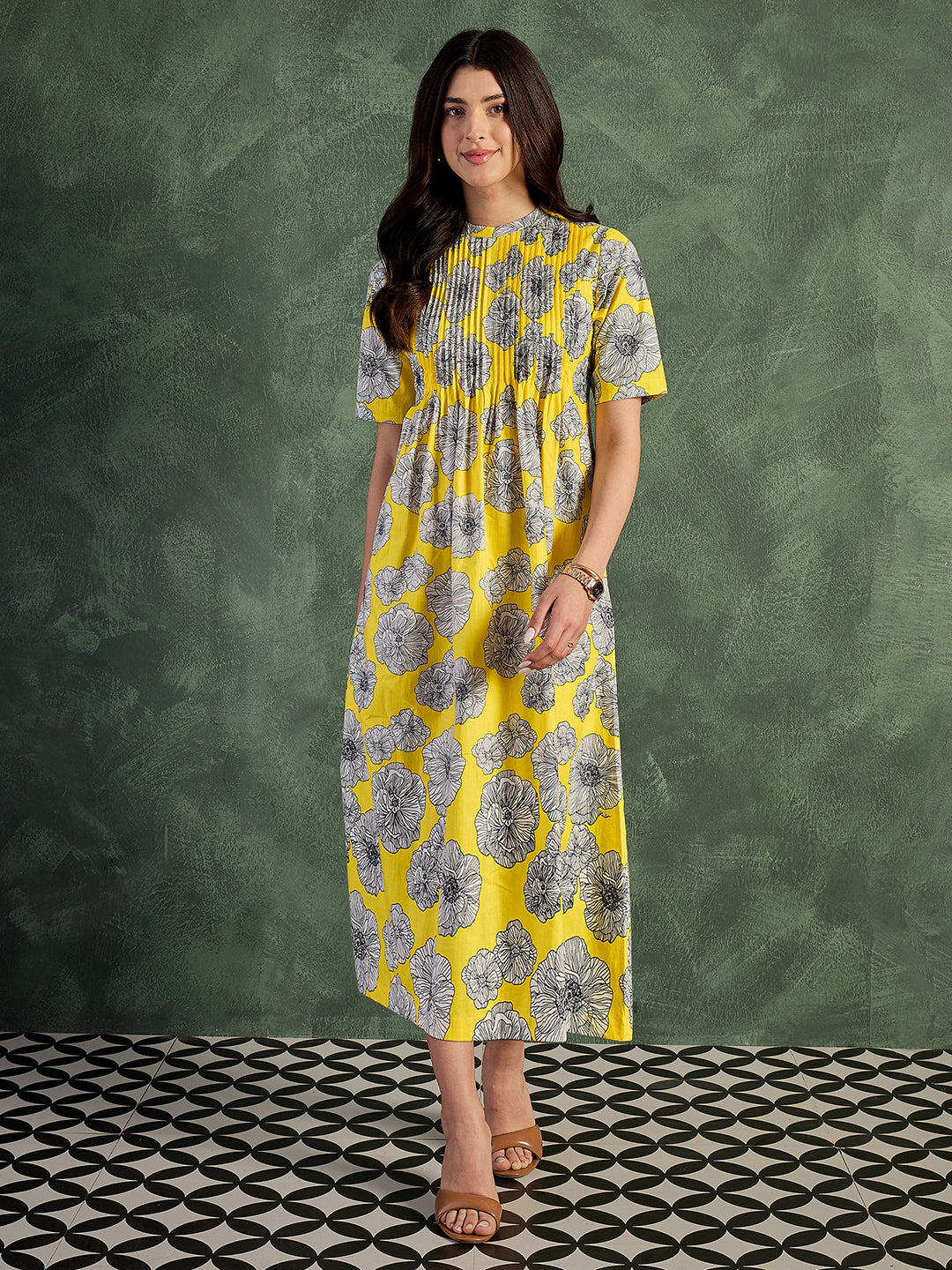 Pure Cotton Front Pleated A-Line Dress (with Lining)
