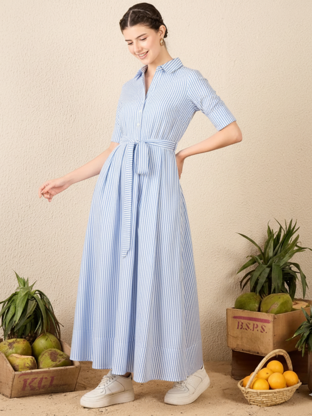 Cotton Buttoned Down Shirt Dress With Belt