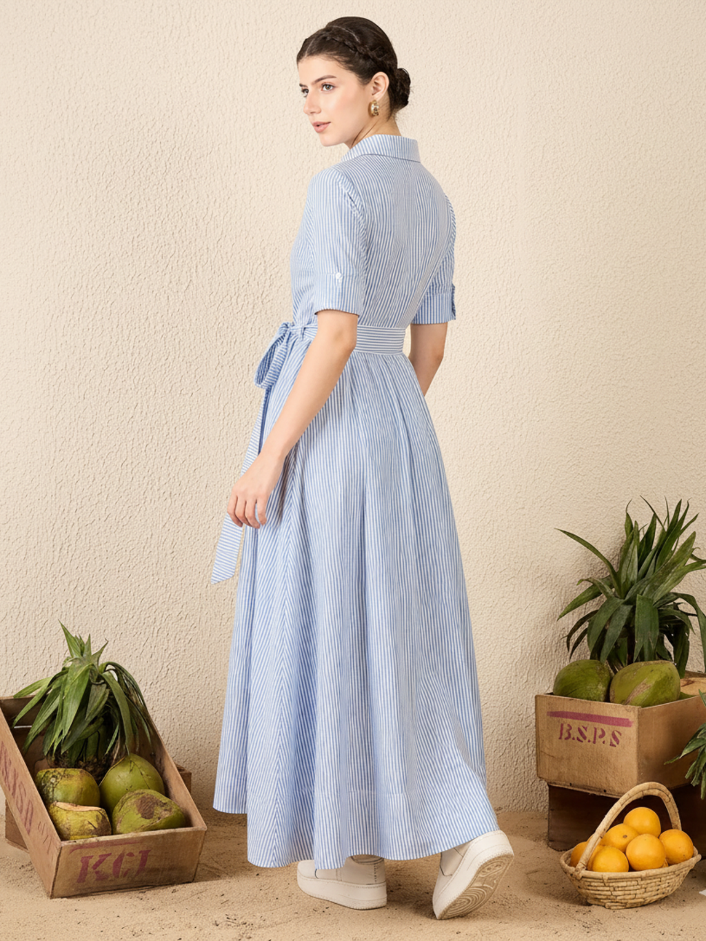 Cotton Buttoned Down Shirt Dress With Belt