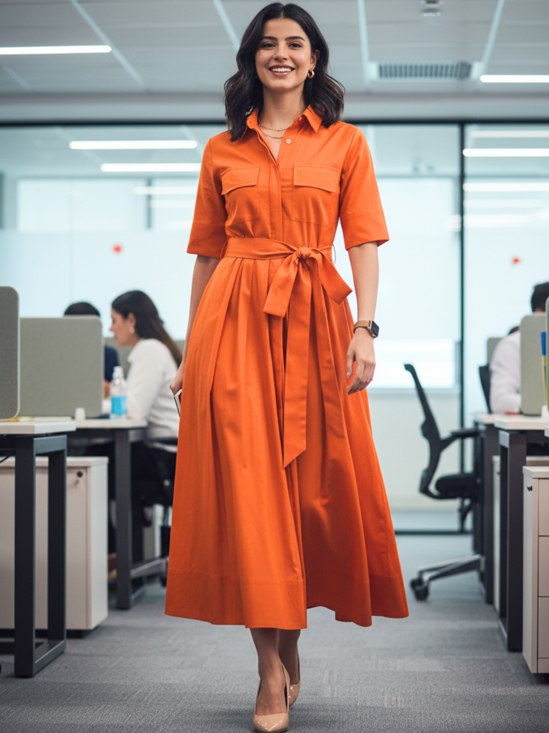 Pure Cotton Flared Shirt Dress With Belt