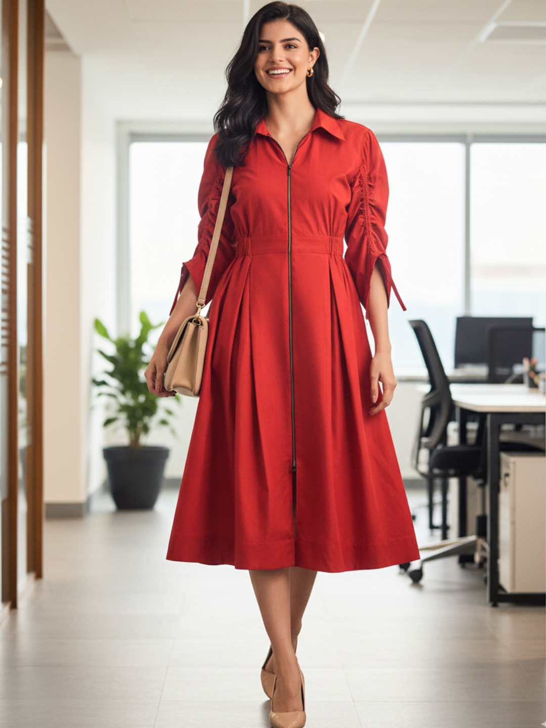 Cotton Zip Dress With Gathered Tie-Up Sleeves