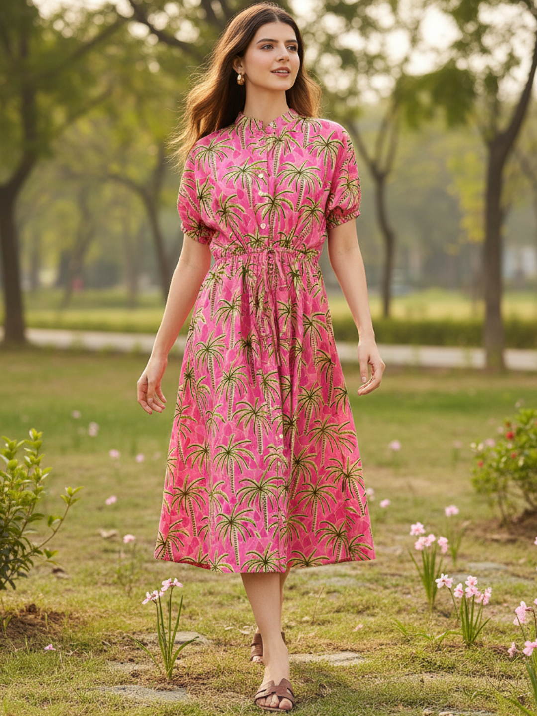 Cotton Side Waist Tie-Up Midi Dress