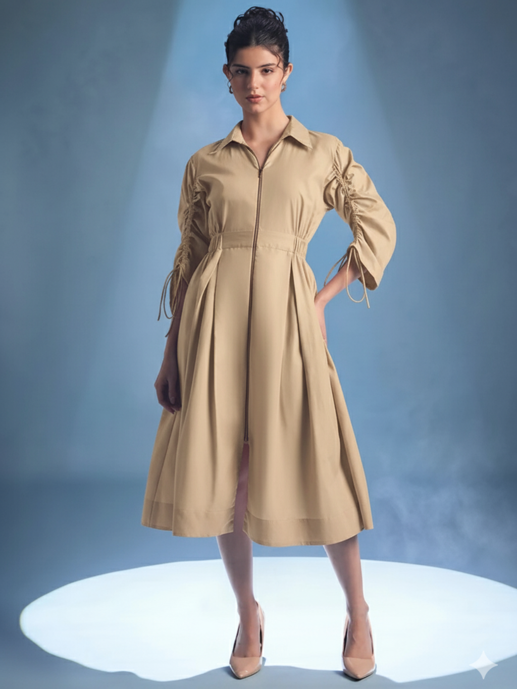 Cotton Zip Dress With Gathered Tie-Up Sleeves
