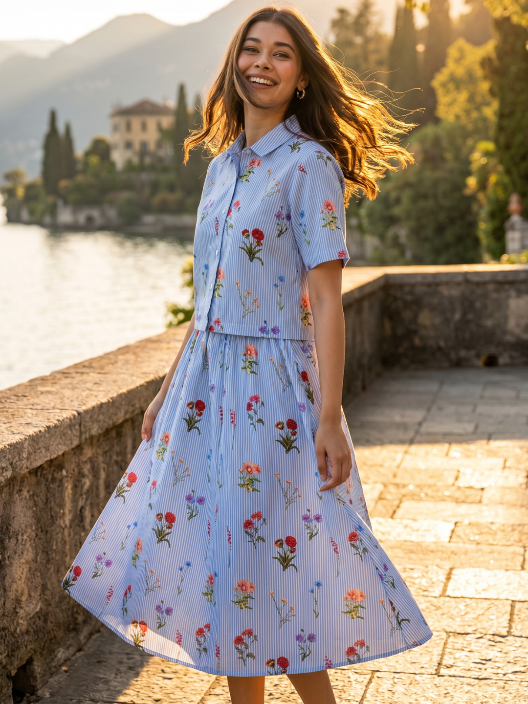 Pure Linen Printed Shirt With Skirt Set (with Lining)