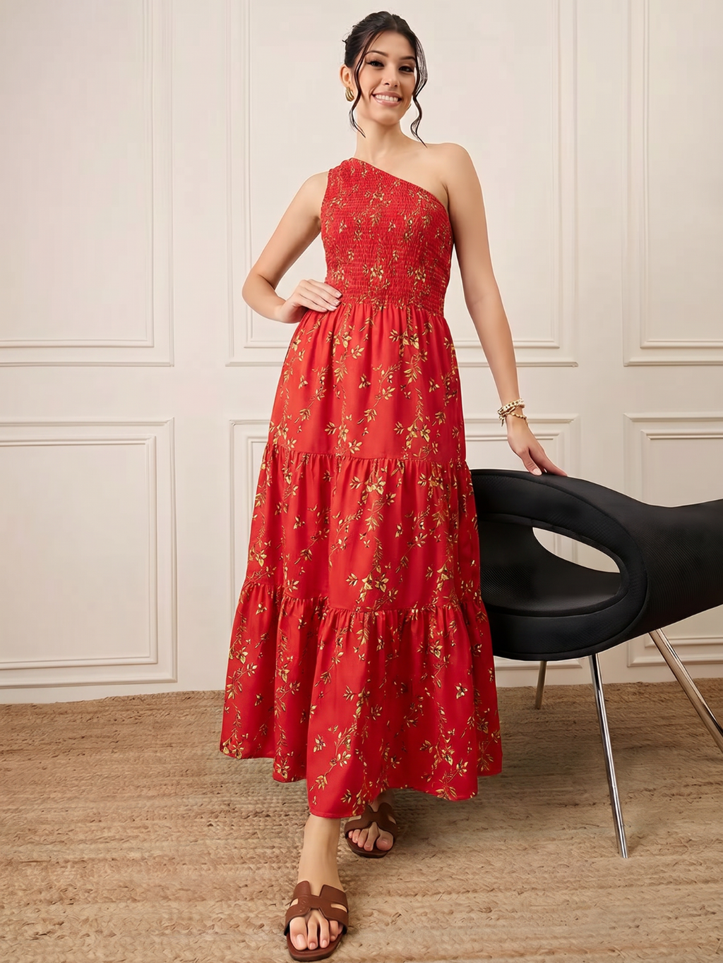 One Shoulder Smocked Maxi Dress