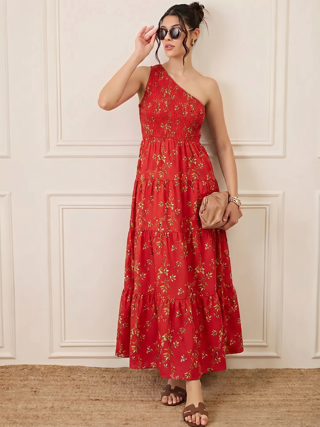 One Shoulder Smocked Maxi Dress