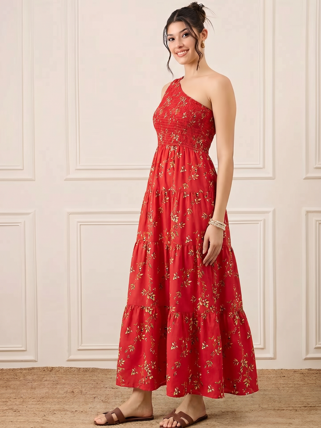 One Shoulder Smocked Maxi Dress
