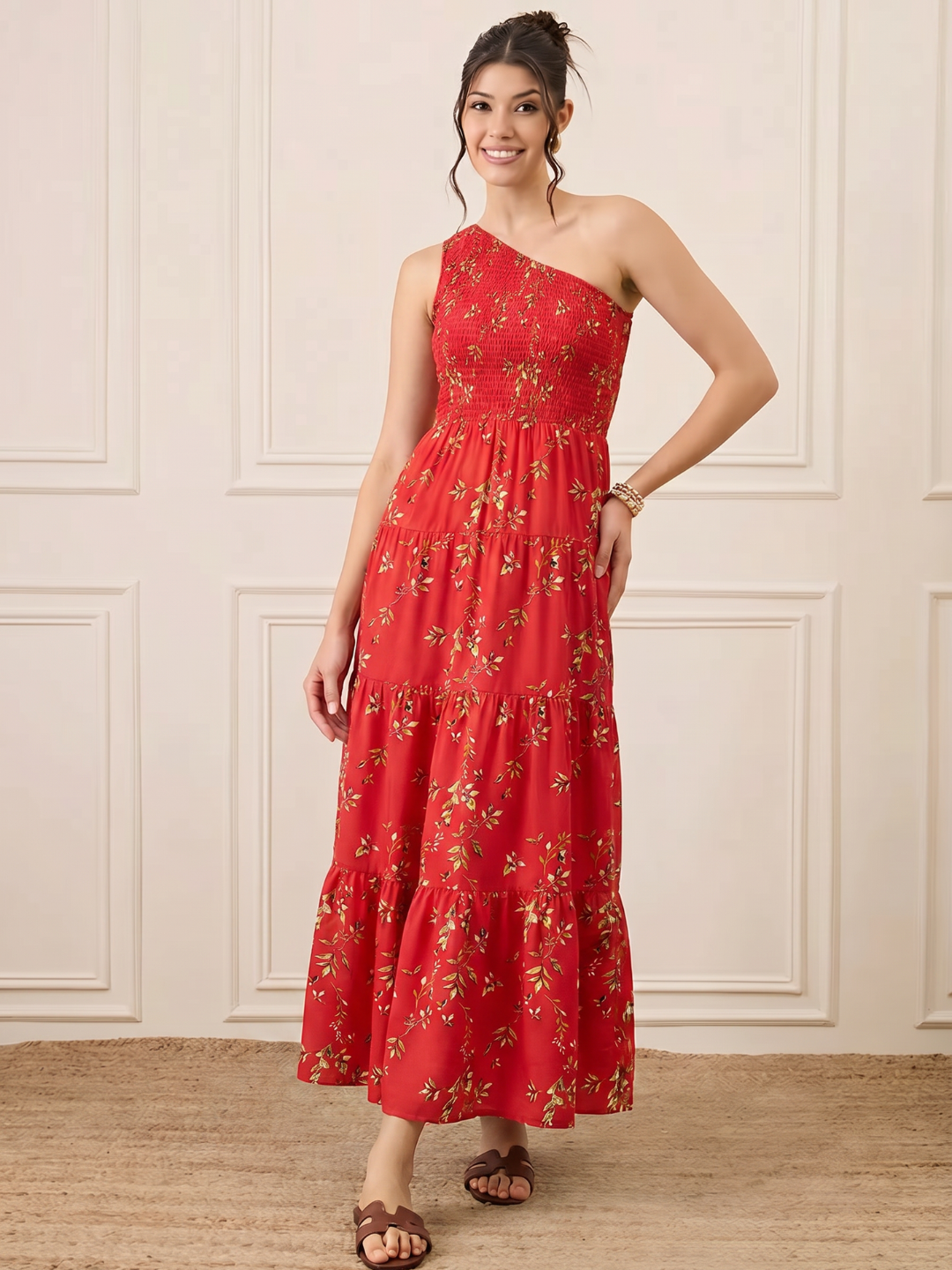 One Shoulder Smocked Maxi Dress