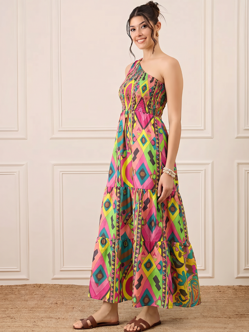 One Shoulder Smocked Maxi Dress
