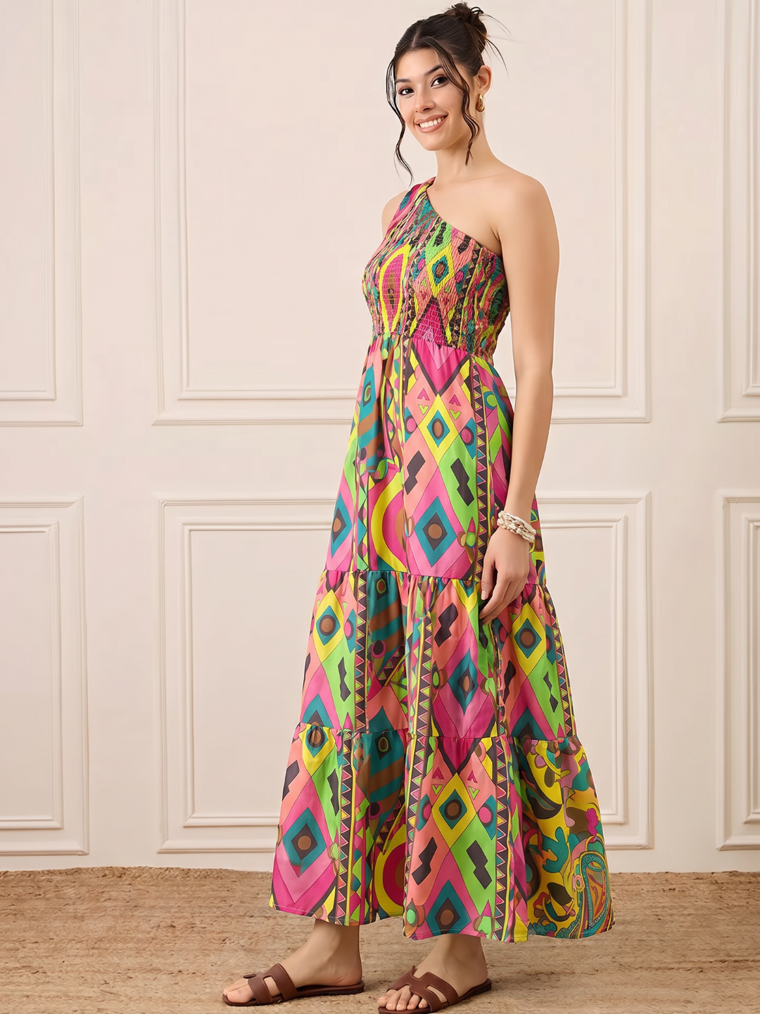 One Shoulder Smocked Maxi Dress