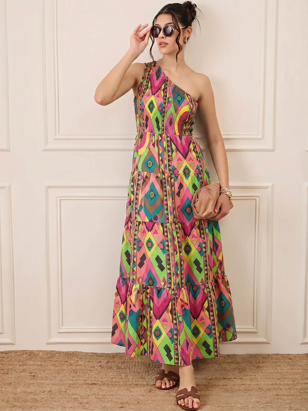 One Shoulder Smocked Maxi Dress