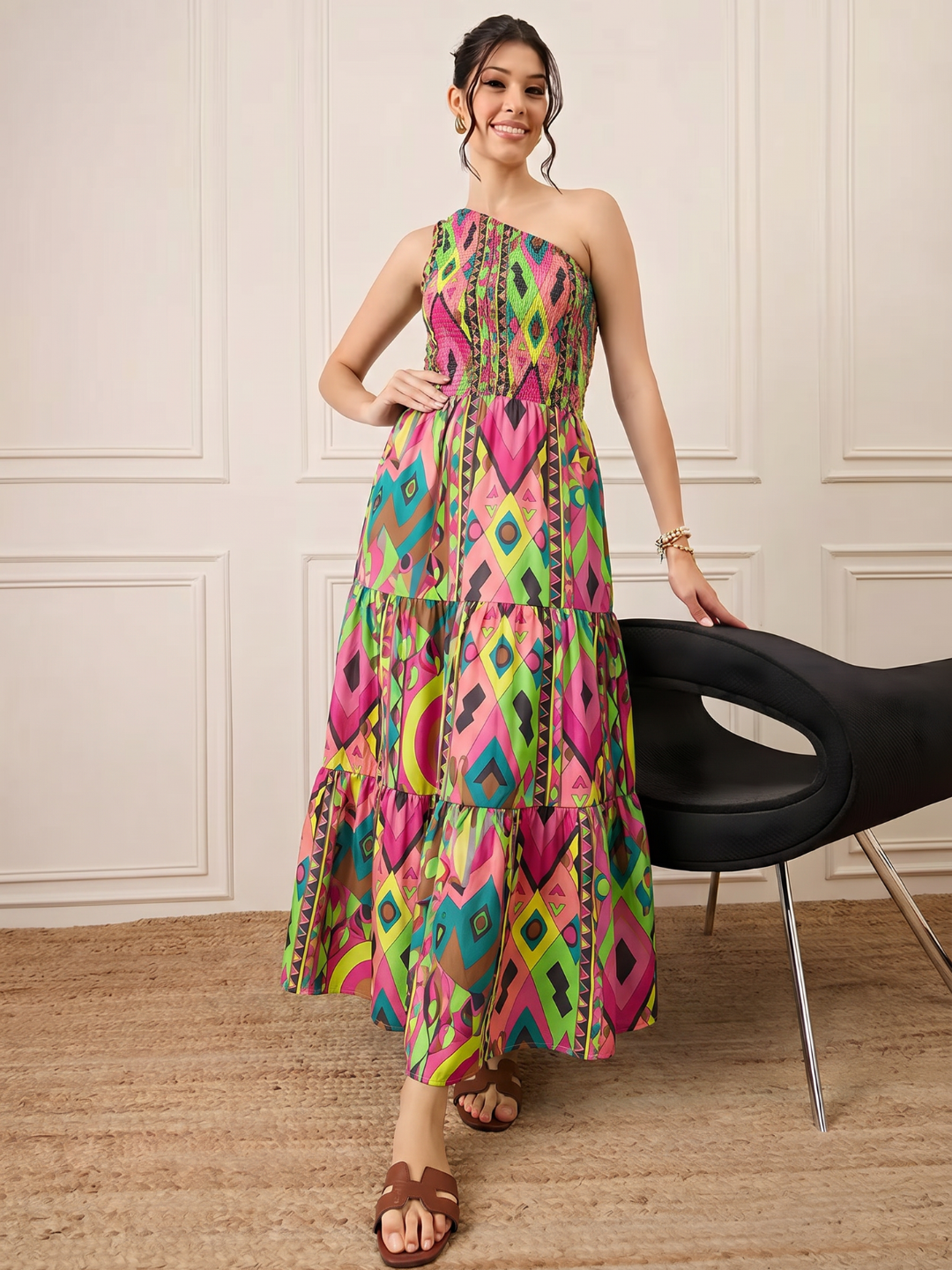 One Shoulder Smocked Maxi Dress