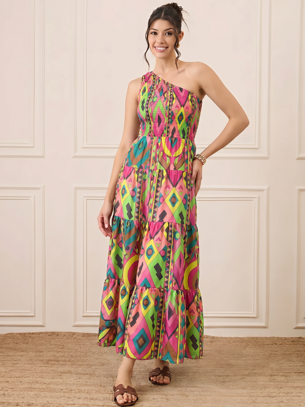 One Shoulder Smocked Maxi Dress