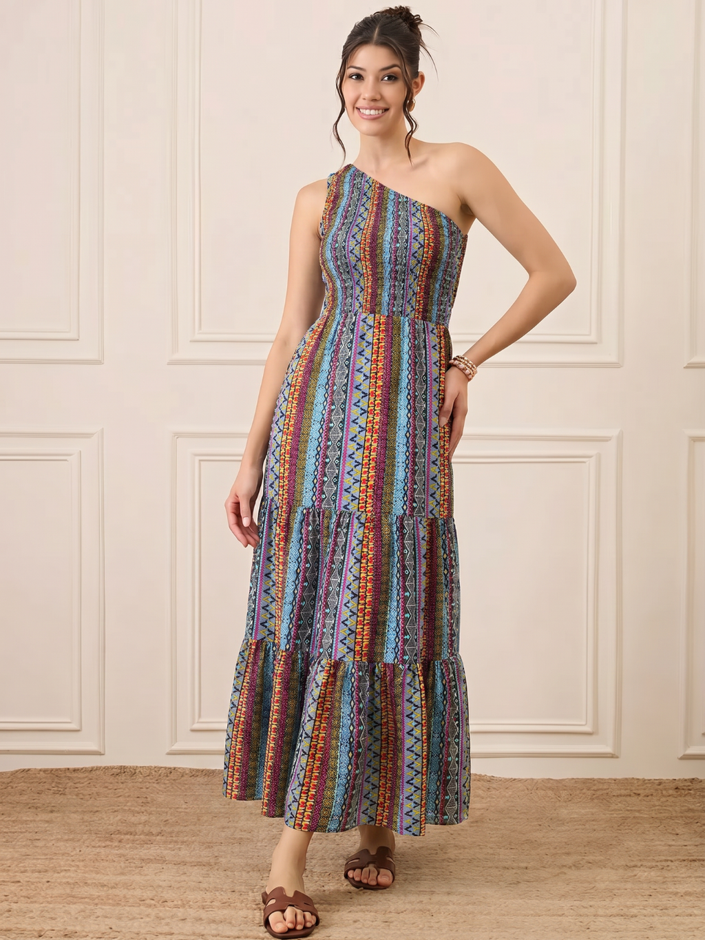 One Shoulder Smocked Maxi Dress