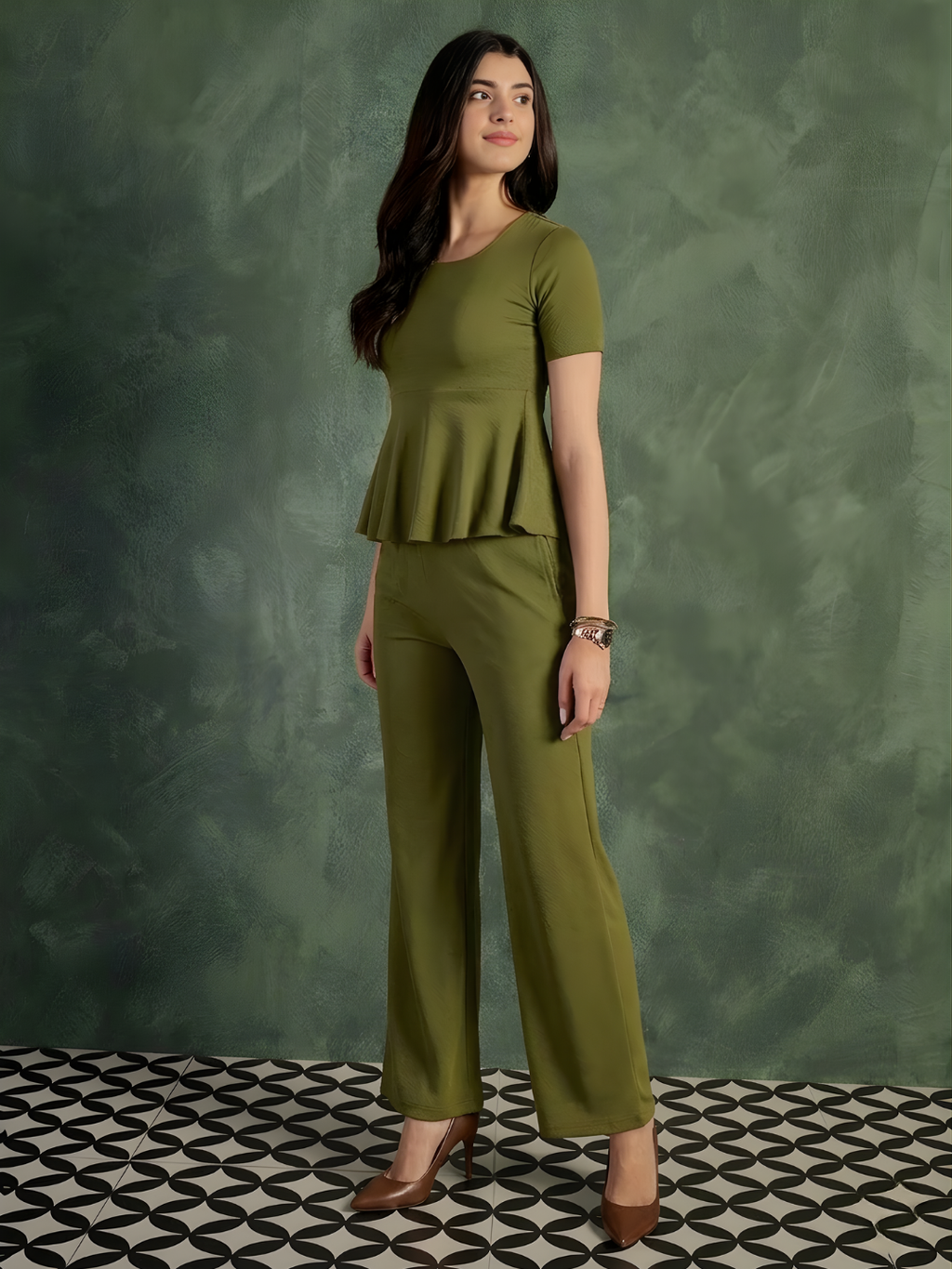 Stretchable Peplum Top & Pants Set