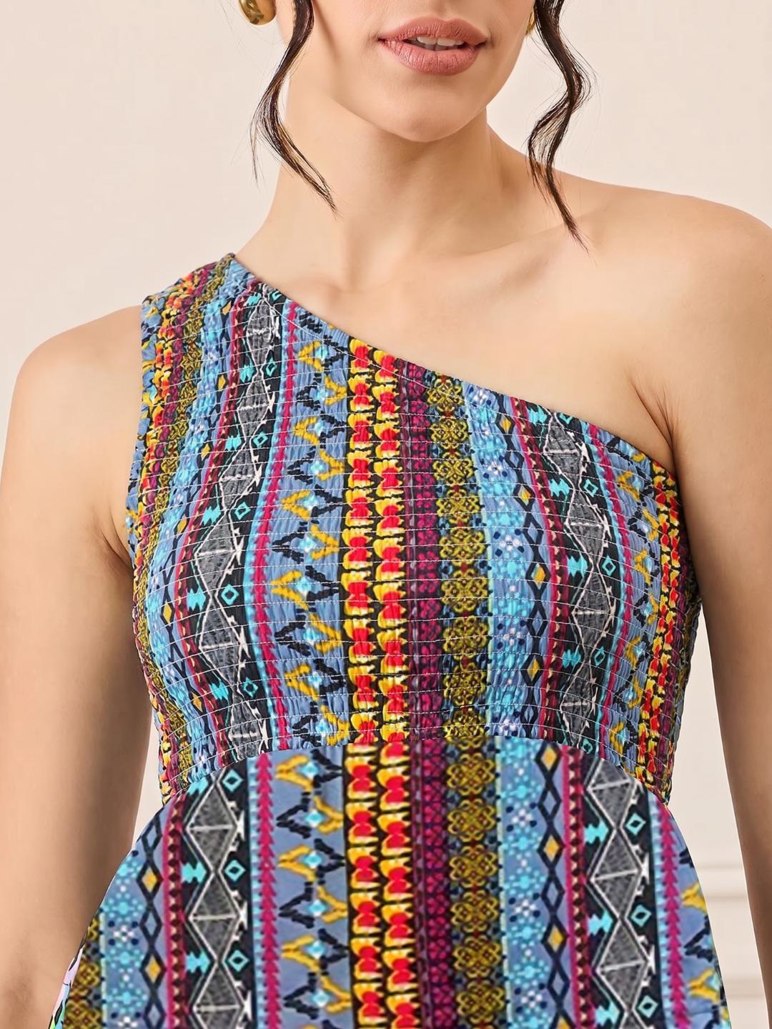 One Shoulder Smocked Maxi Dress