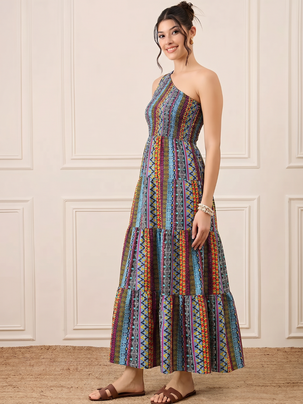 One Shoulder Smocked Maxi Dress
