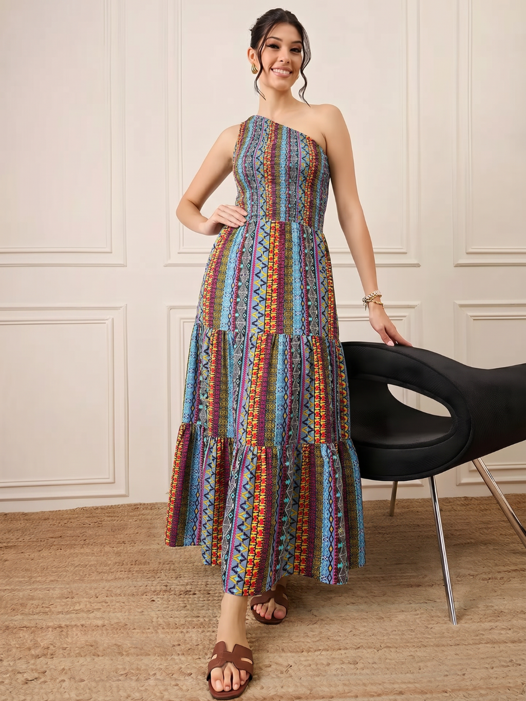 One Shoulder Smocked Maxi Dress