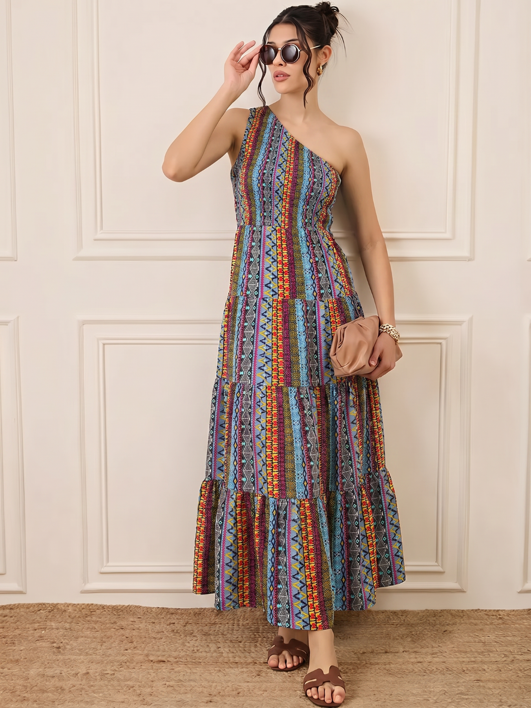 One Shoulder Smocked Maxi Dress