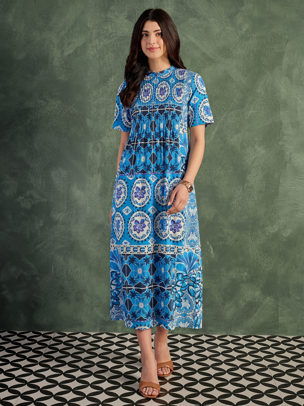 Pure Cotton Front Pleated A-Line Dress (with Lining)