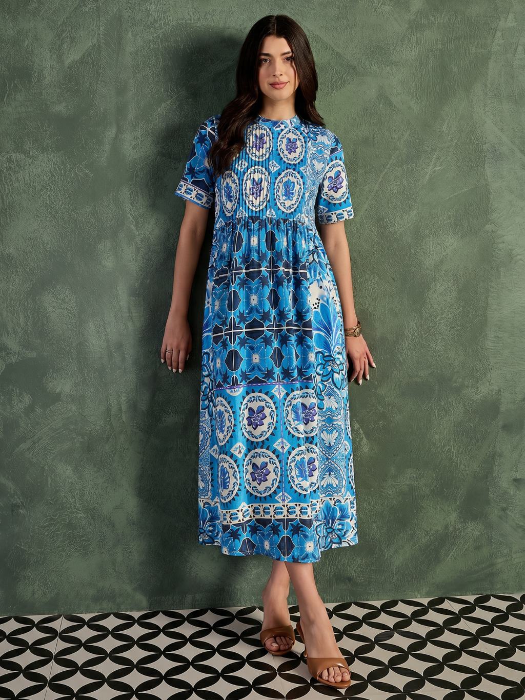 Pure Cotton Front Pleated A-Line Dress (with Lining)
