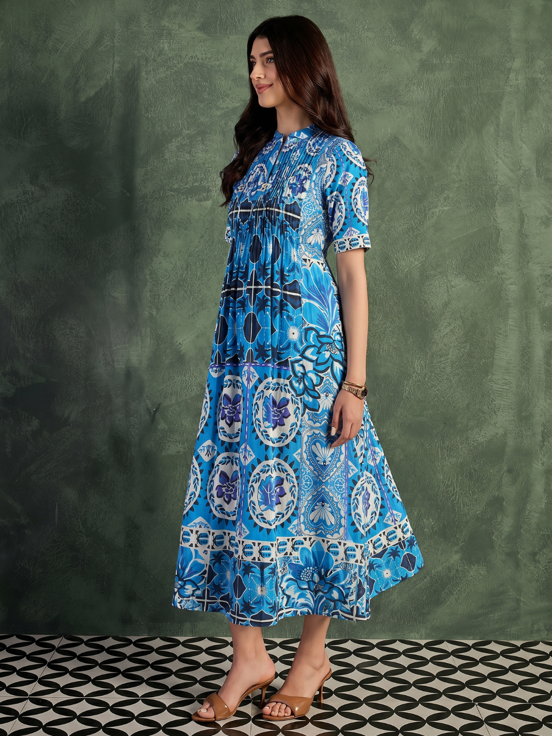Pure Cotton Front Pleated A-Line Dress (with Lining)