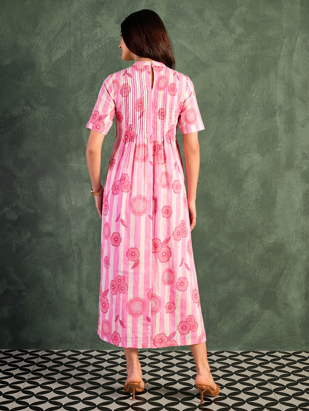 Pure Cotton Front Pleated A-Line Dress (with Lining)