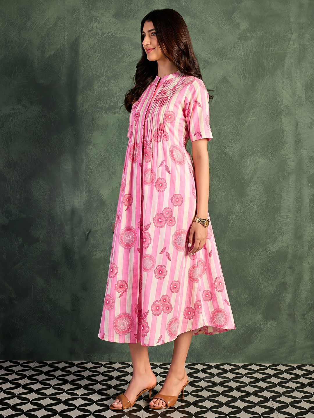 Pure Cotton Front Pleated A-Line Dress (with Lining)