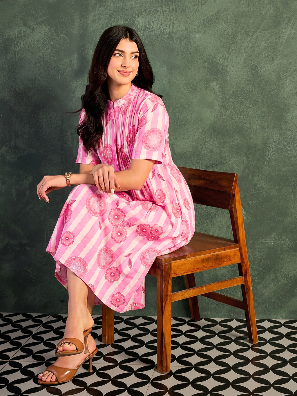 Pure Cotton Front Pleated A-Line Dress (with Lining)
