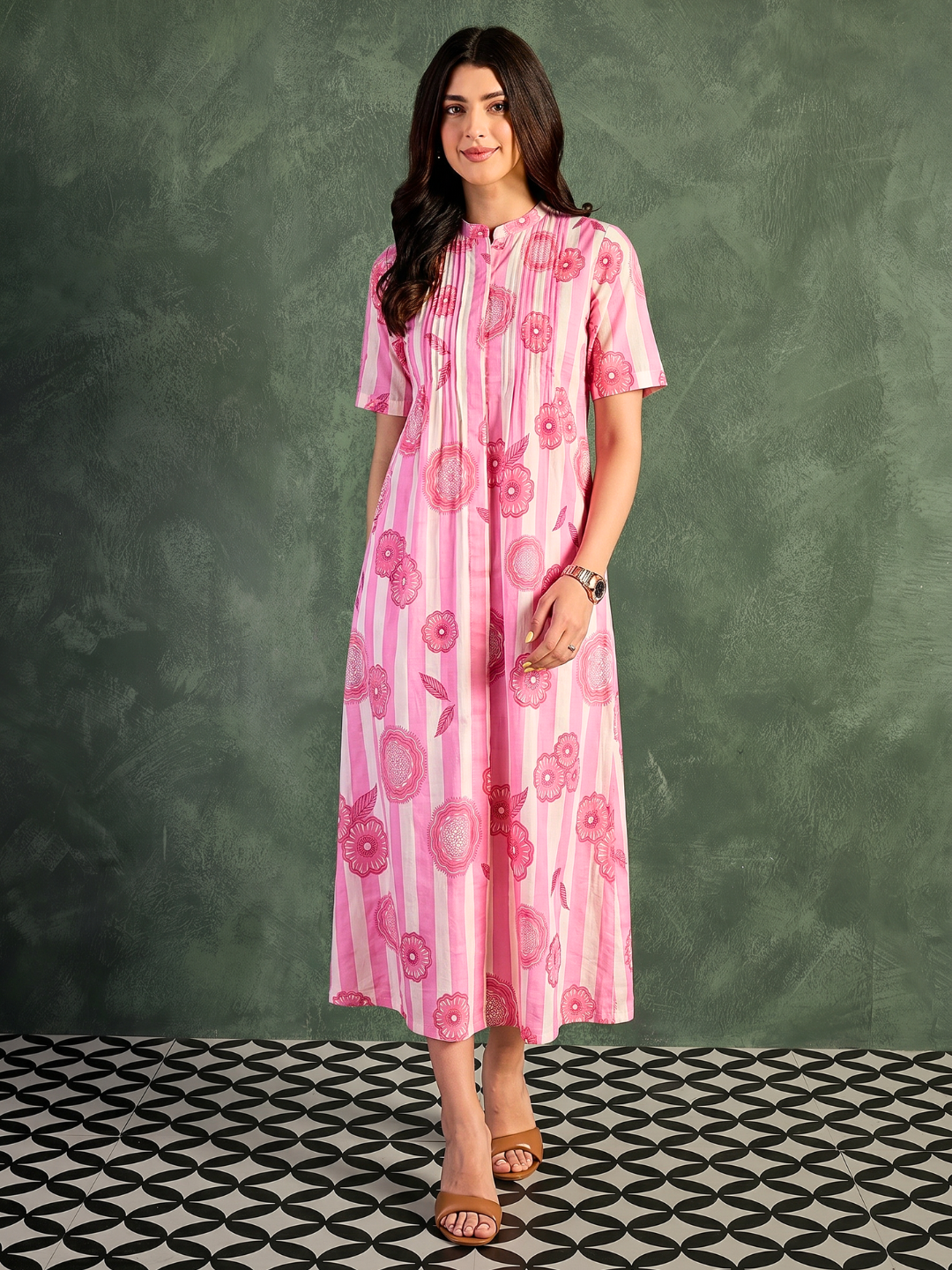 Pure Cotton Front Pleated A-Line Dress (with Lining)