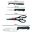 Stainless steel kitchen set with butcher knife, standard knife, peeler, and kitchen scissors