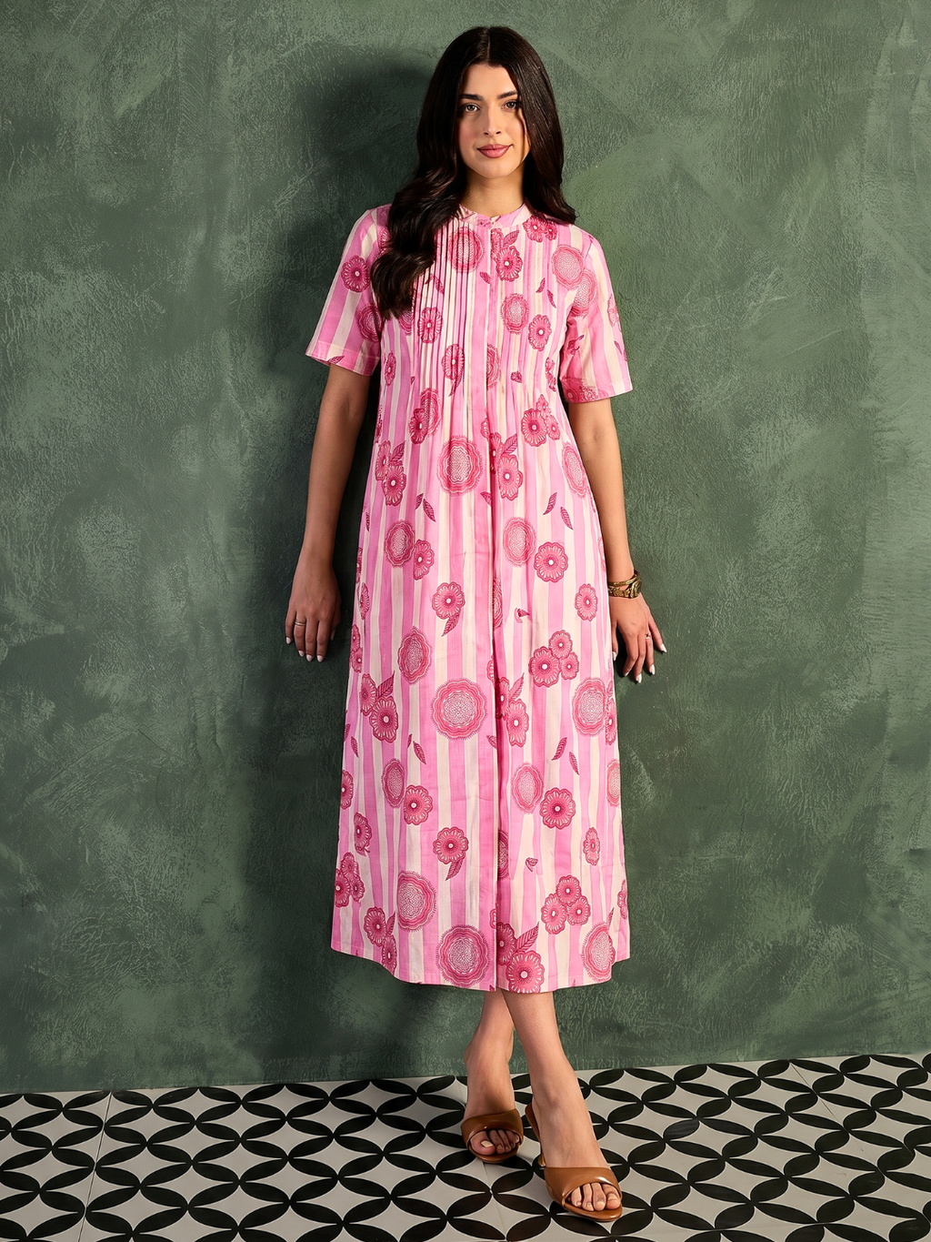 Pure Cotton Front Pleated A-Line Dress (with Lining)