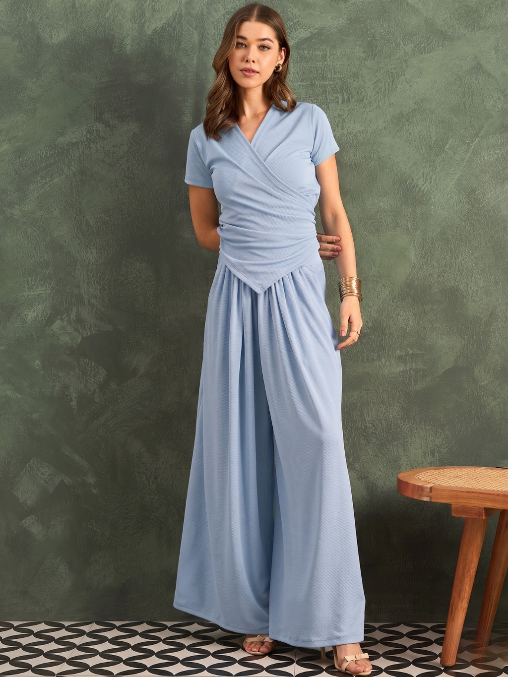 Stretchable Wrap Top & Flow Pants Co-Ord Set