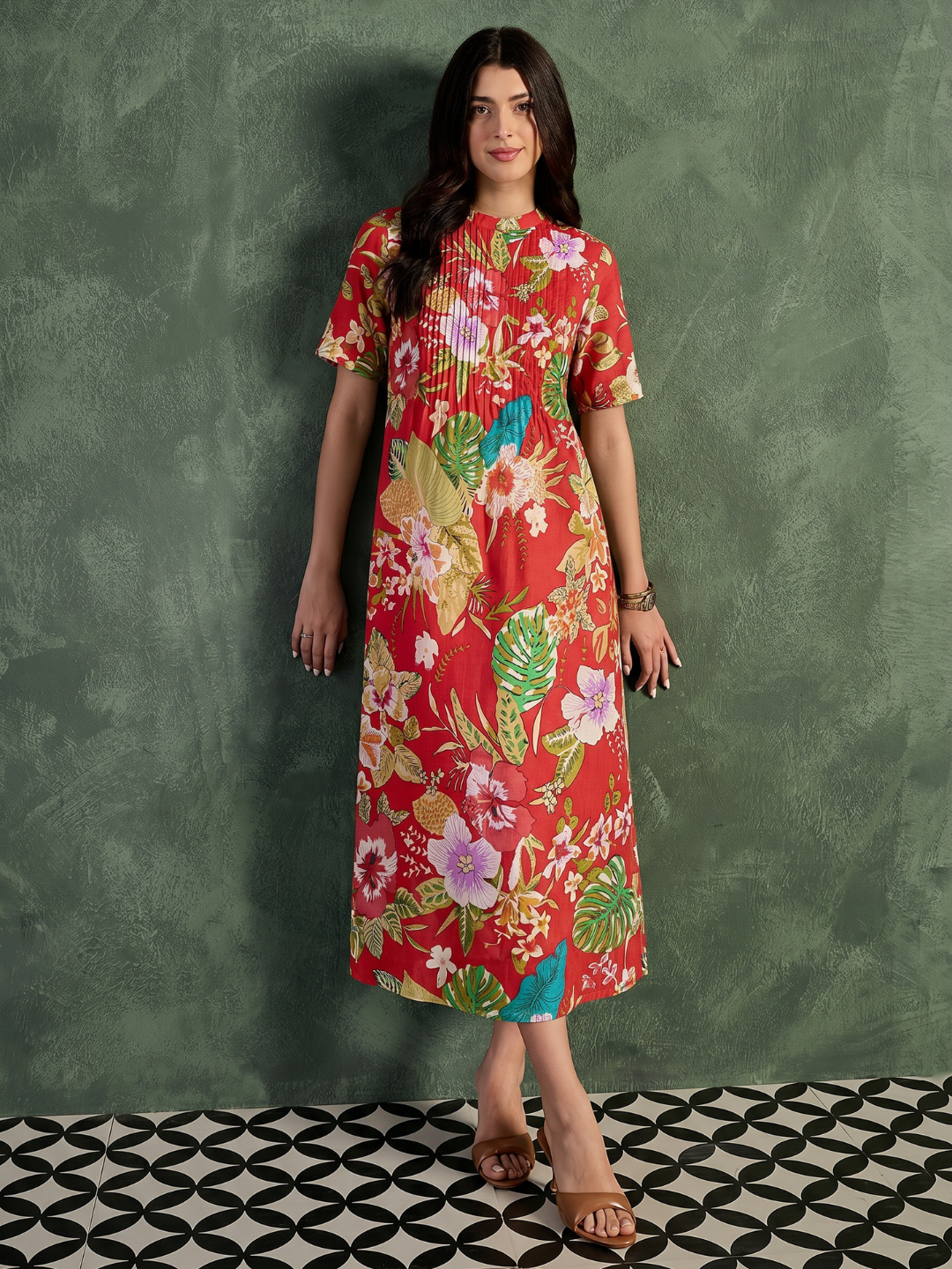 Pure Cotton Front Pleated A-Line Dress (with Lining)