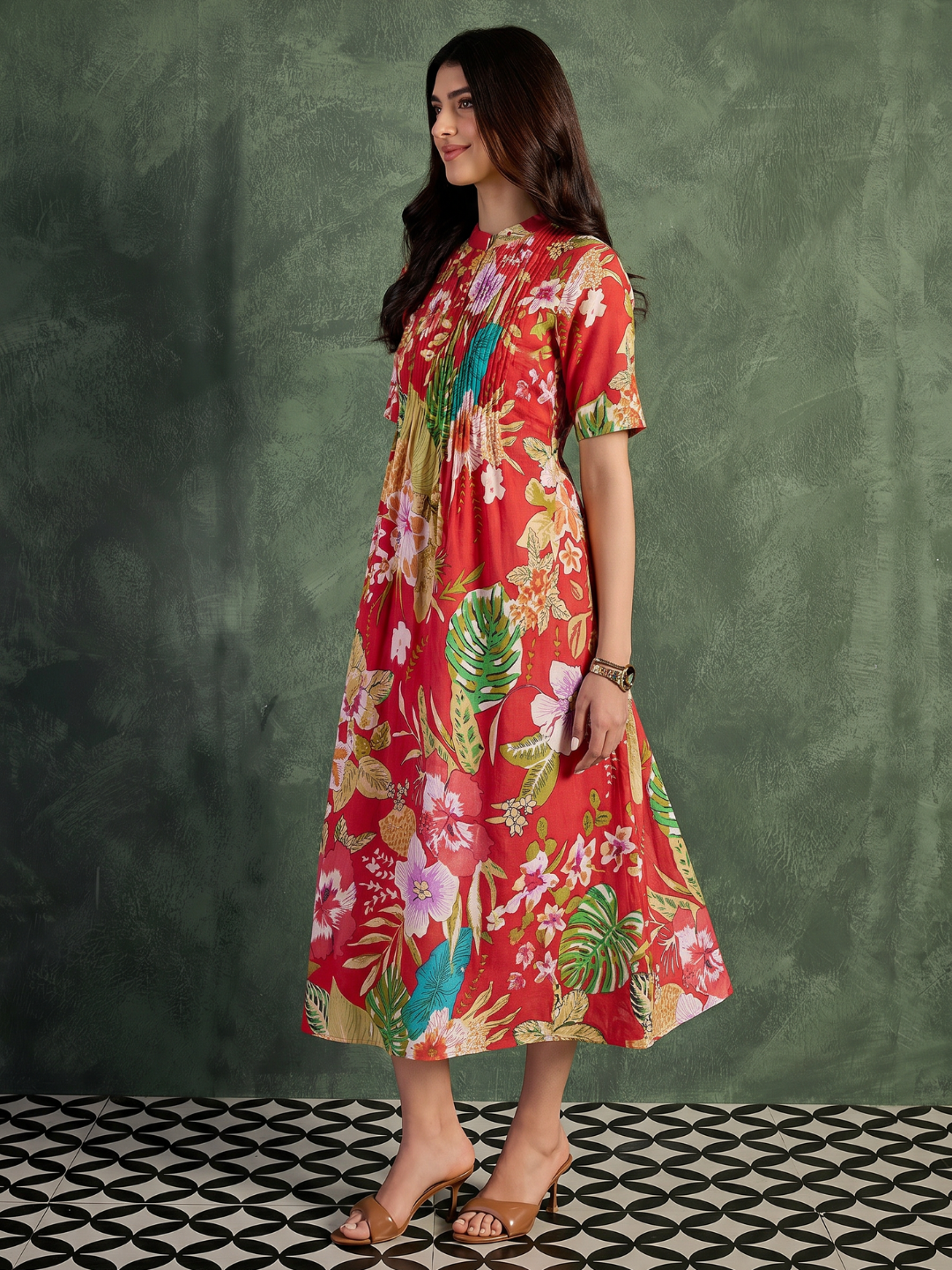 Pure Cotton Front Pleated A-Line Dress (with Lining)