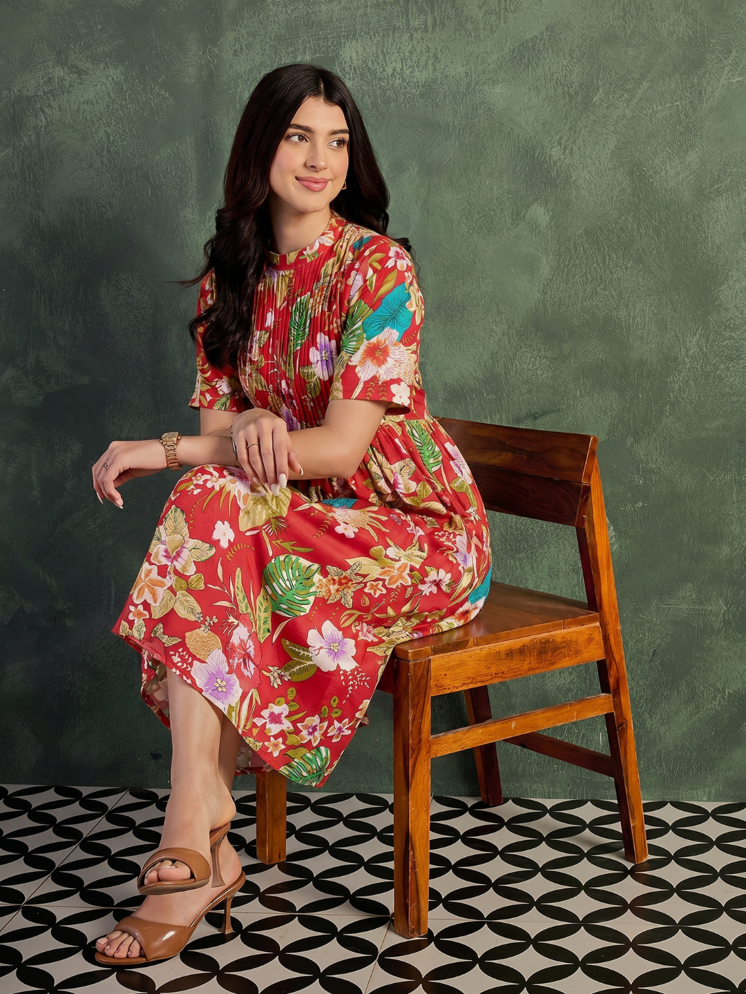 Pure Cotton Front Pleated A-Line Dress (with Lining)