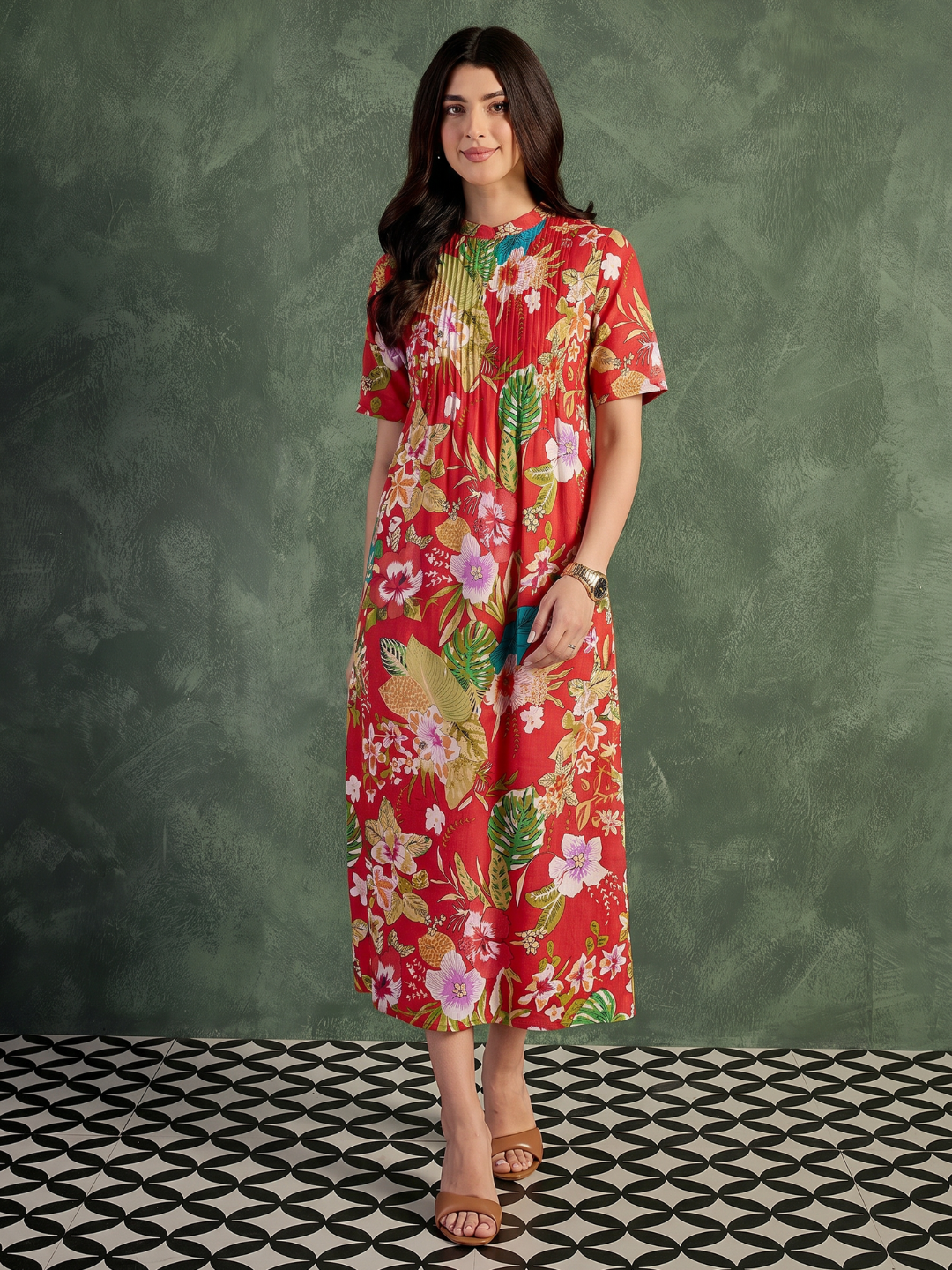 Pure Cotton Front Pleated A-Line Dress (with Lining)