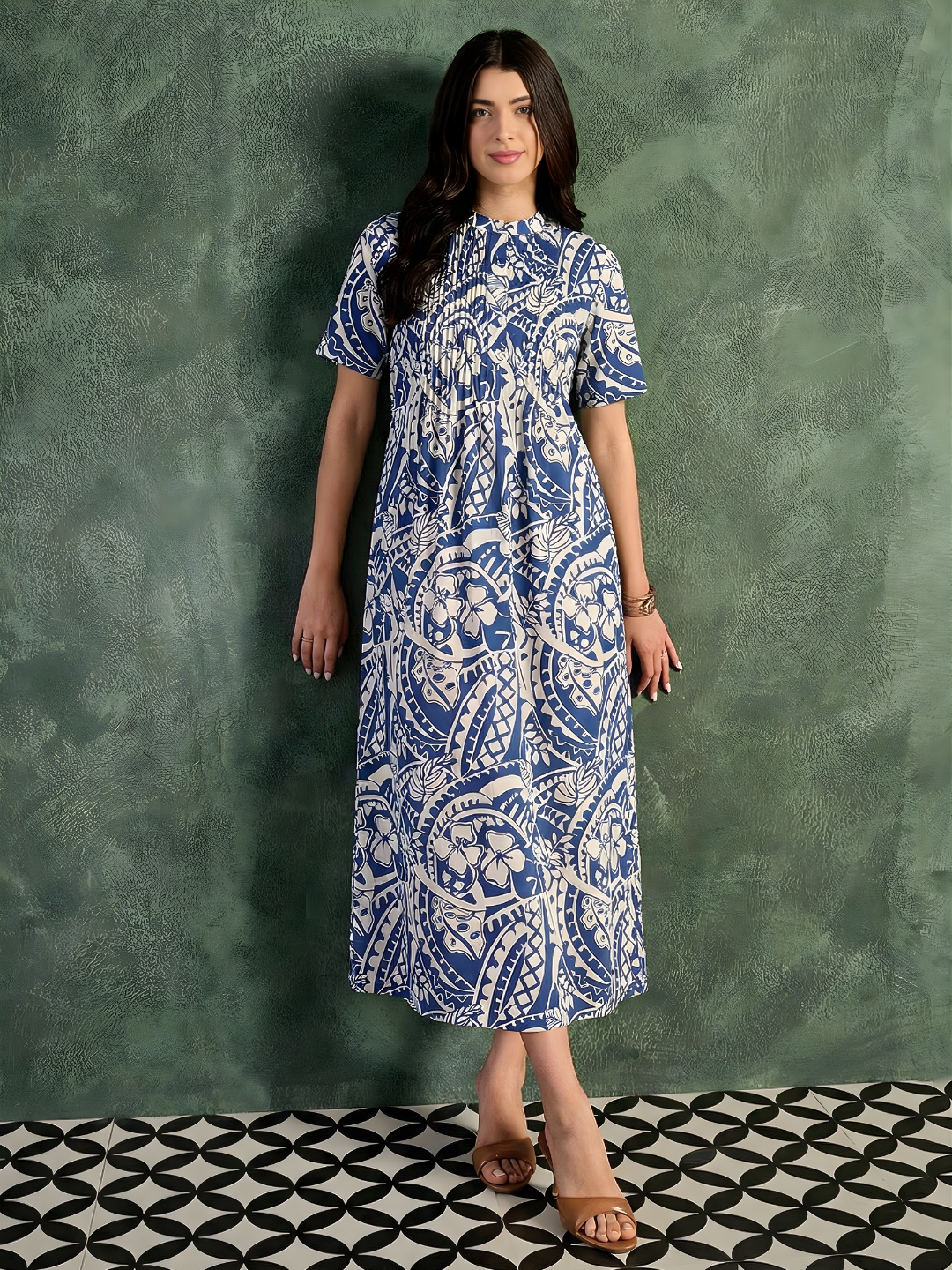 Pure Cotton Front Pleated A-Line Dress (with Lining)