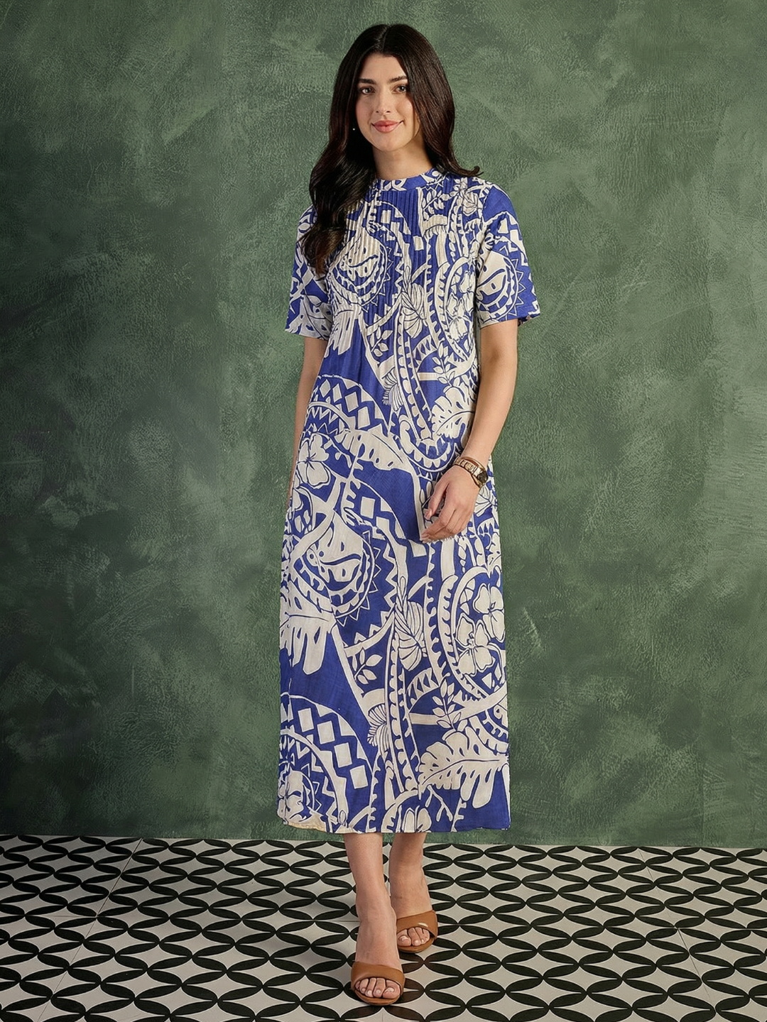 Pure Cotton Front Pleated A-Line Dress (with Lining)