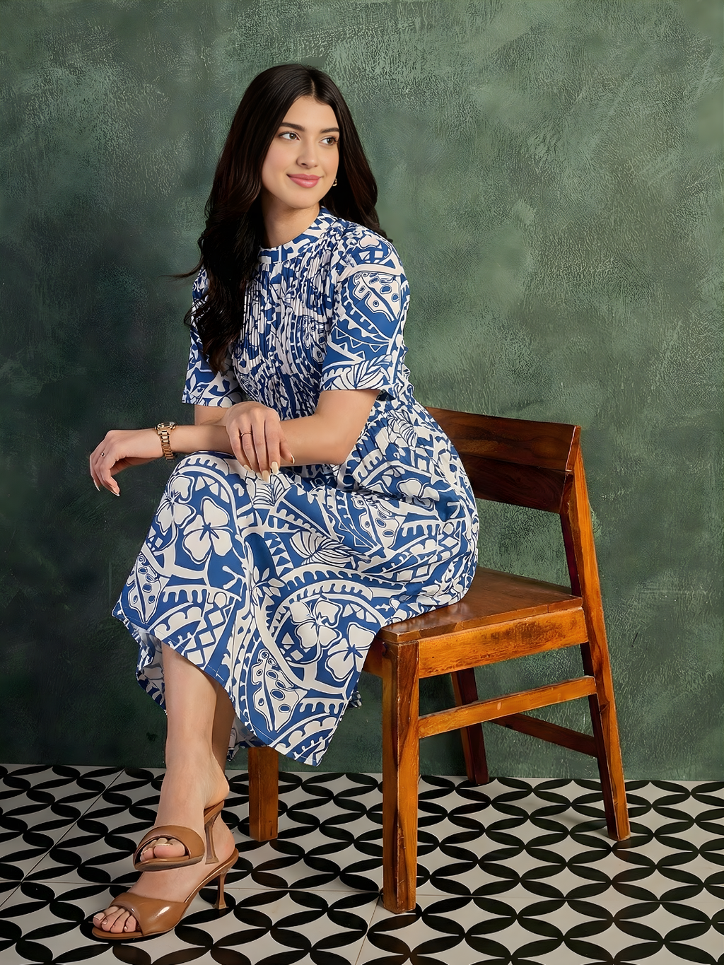 Pure Cotton Front Pleated A-Line Dress (with Lining)