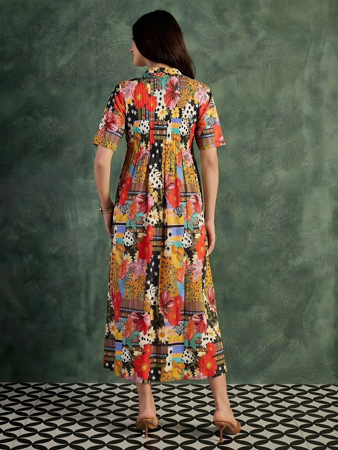 Pure Cotton Front Pleated A-Line Dress (with Lining)