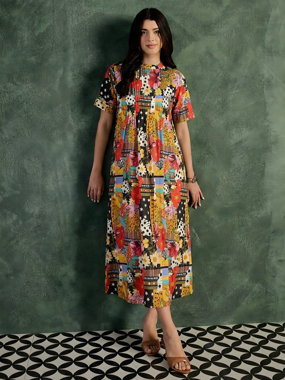 Pure Cotton Front Pleated A-Line Dress (with Lining)