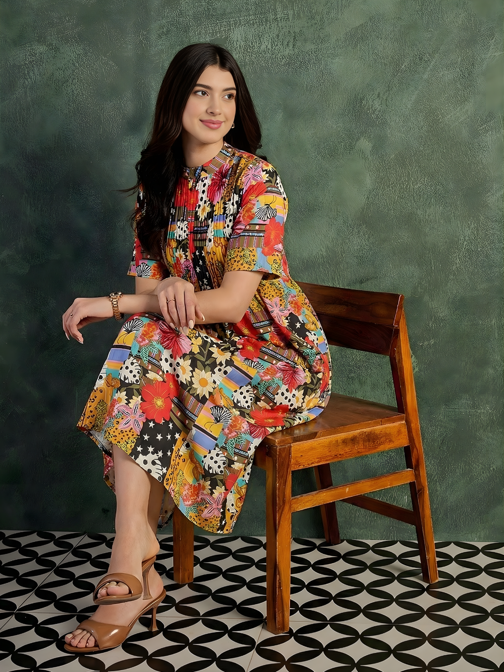 Pure Cotton Front Pleated A-Line Dress (with Lining)