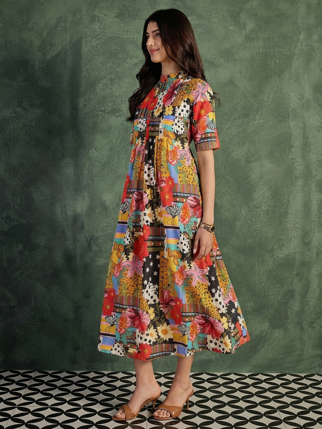 Pure Cotton Front Pleated A-Line Dress (with Lining)